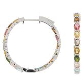 Colorful gemstone hoop earrings in sterling silver, showcasing a variety of vibrant stones arranged beautifully.
